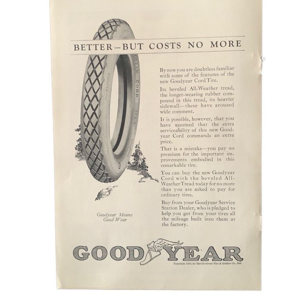 Vintage 1923 GoodYear Better Buy Costs No More Ad Advertisement